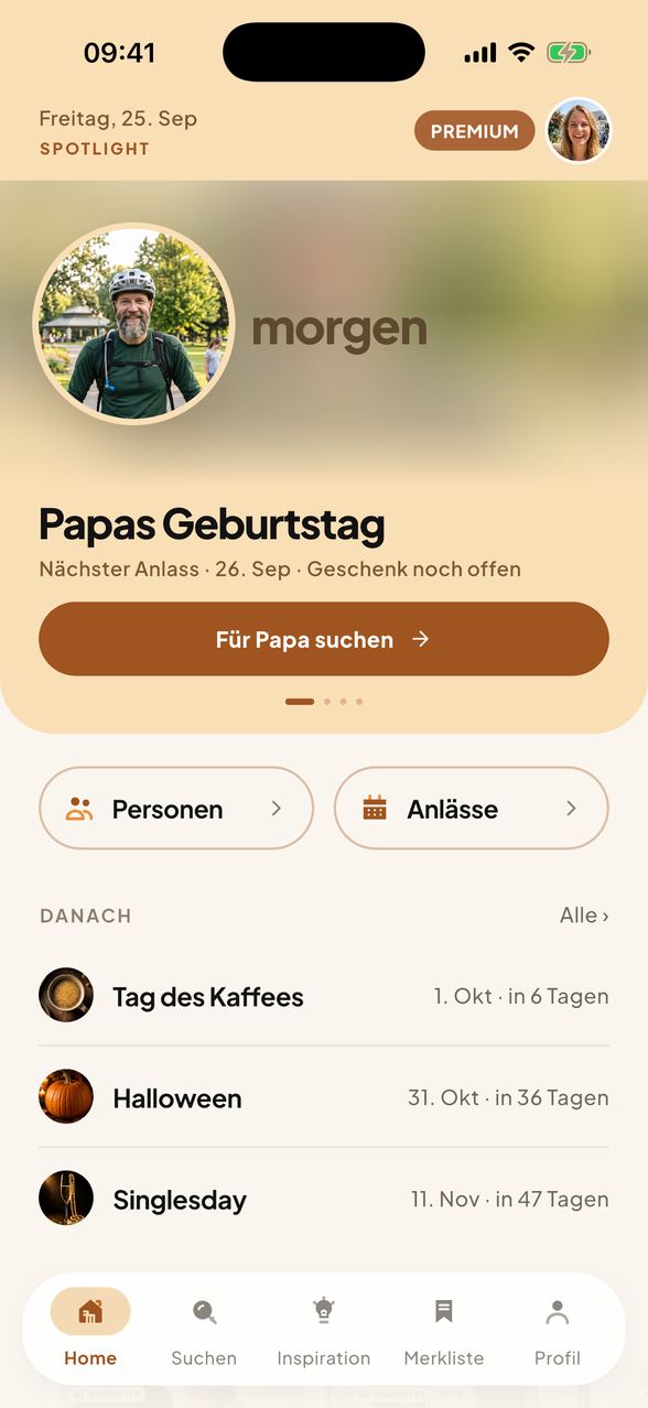 Startseite der Cadevo-App mit Geschenksuche und nächsten Anlässen