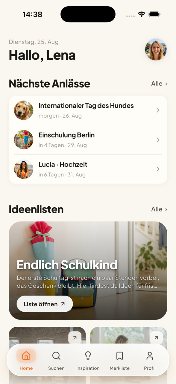 Cadevo Startseite in der App mit nächsten Anlässen und Ideenlisten