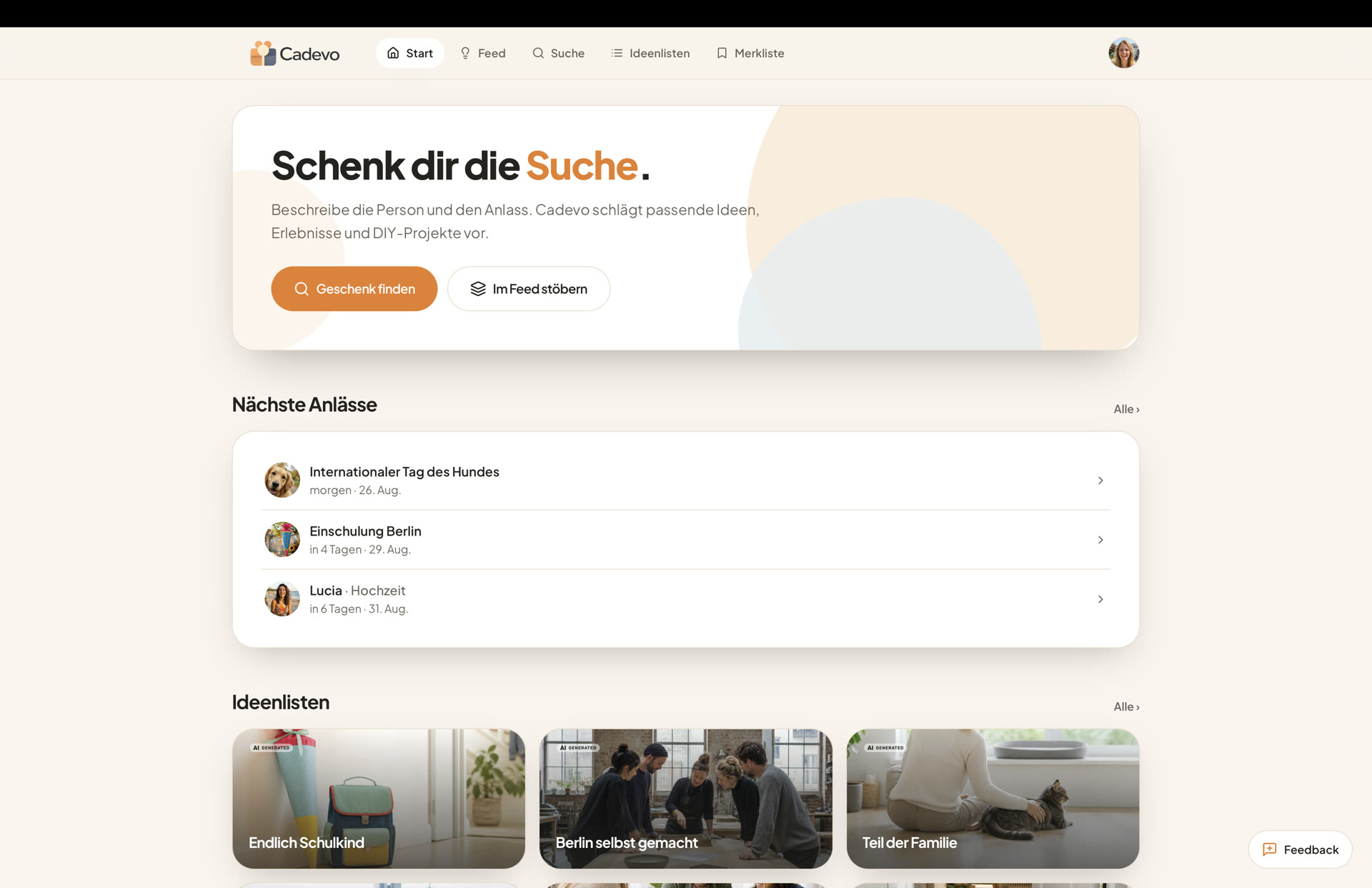 Cadevo Startseite im Browser mit nächsten Anlässen und Ideenlisten